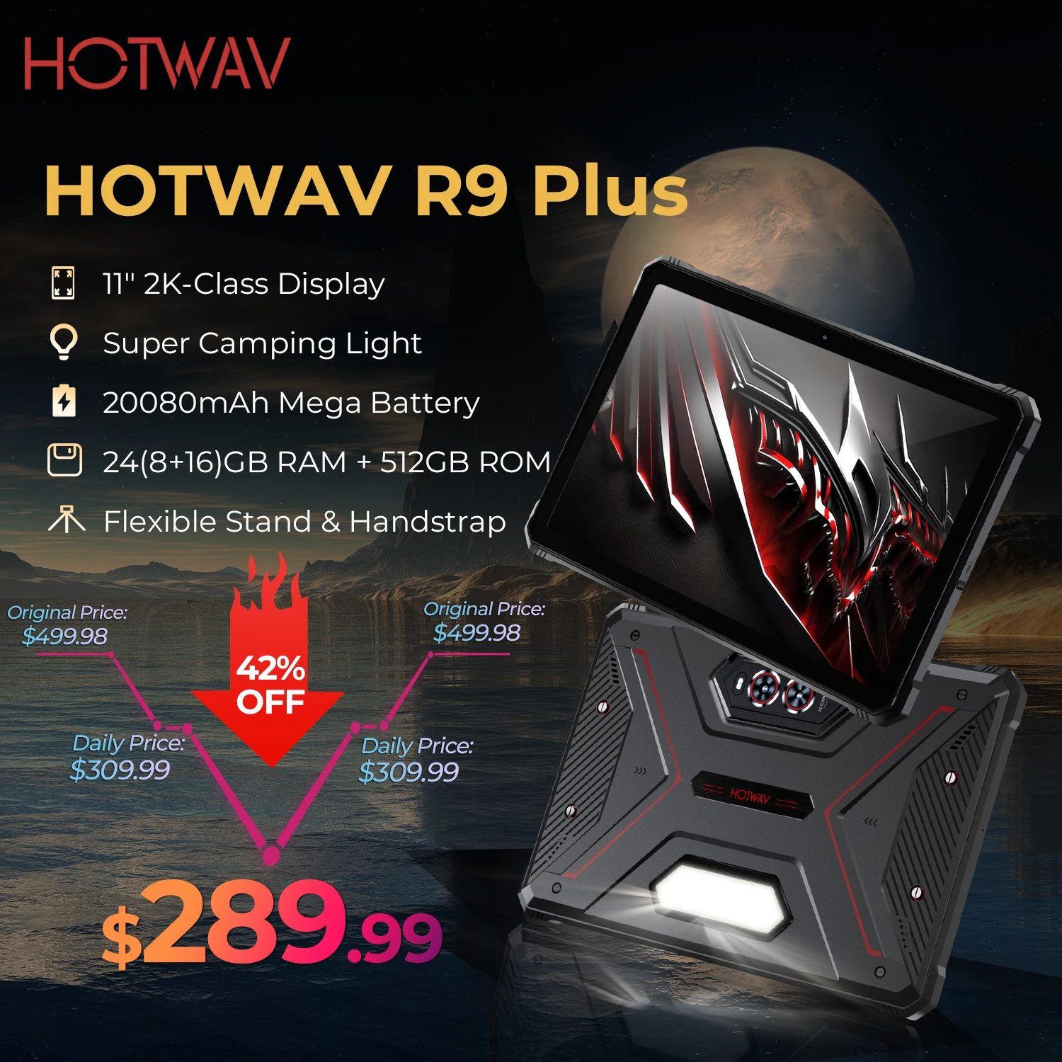 HOTWAV R9 Plus Rugged Tablet 20080mAh Mega Battery 11'' 2K Display Pad Android 14 8GB 512GB Tablet PC With Stand & Handstrap