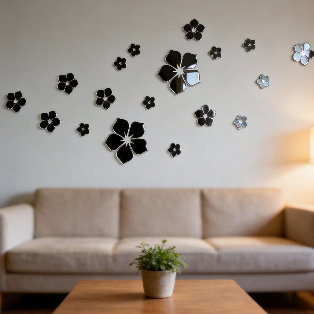 3D Mirror Acrylic Crystal Flower Wall Decals, Black DIY Splicable Petal Wall Stickers, Stereoscopic Floral Ornament for Home Interior Decor, 18 Count Mixed‑Size Pack