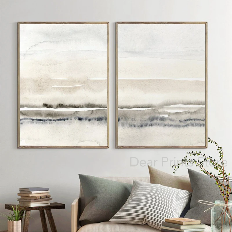 Neutral Watercolor Abstract Painting Canvas Print Horizontal Wall Art Picture Minimalist Poster Living Room Bedroom Home Decor