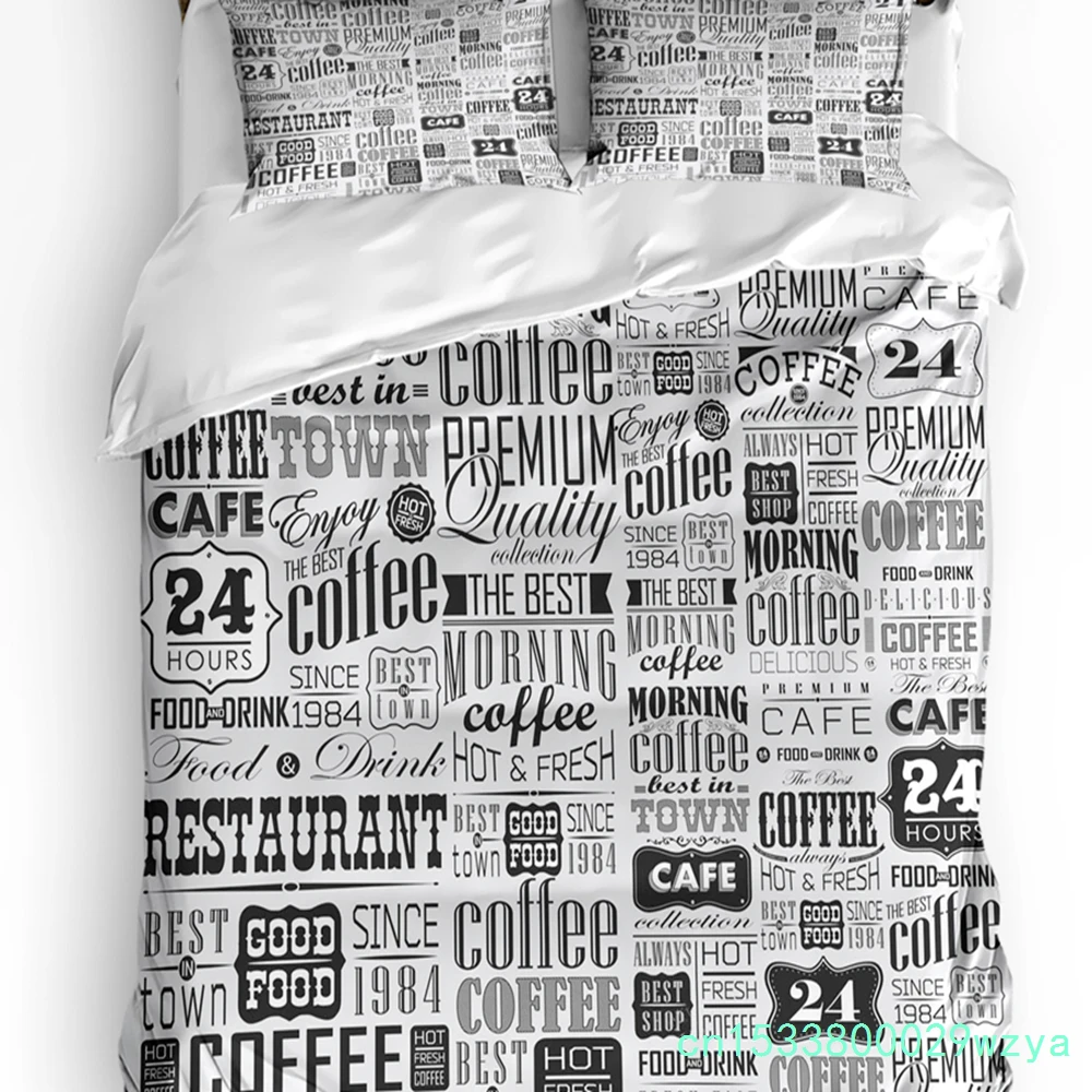 Vintage Text Coffee Duvet Cover Bed Bedding Set For Double Home Textile Quilt Cover Pillowcases Bedroom Bedding Set (No Sheet)