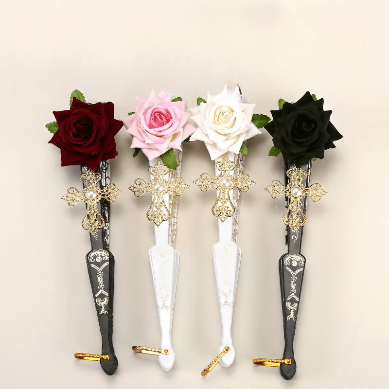 4pcs Black Spanish Lace Folding  with Rose Detail, Chic Accessory for Weddings, Parties, and Dance Events - Ideal Women's Gift