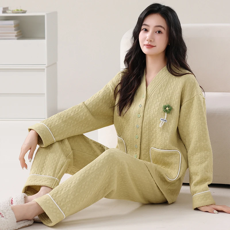 Winter Women Pajamas Set Air Clip Cotton Pijama Female Thick Sleepwear