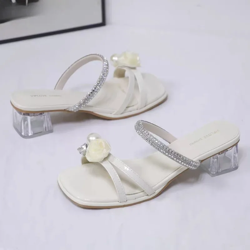 

Женские модные шлепанцы Pearl Flower с квадратным носком, открытым мыском, нескользящие, износостойкие, на блочном каблуке