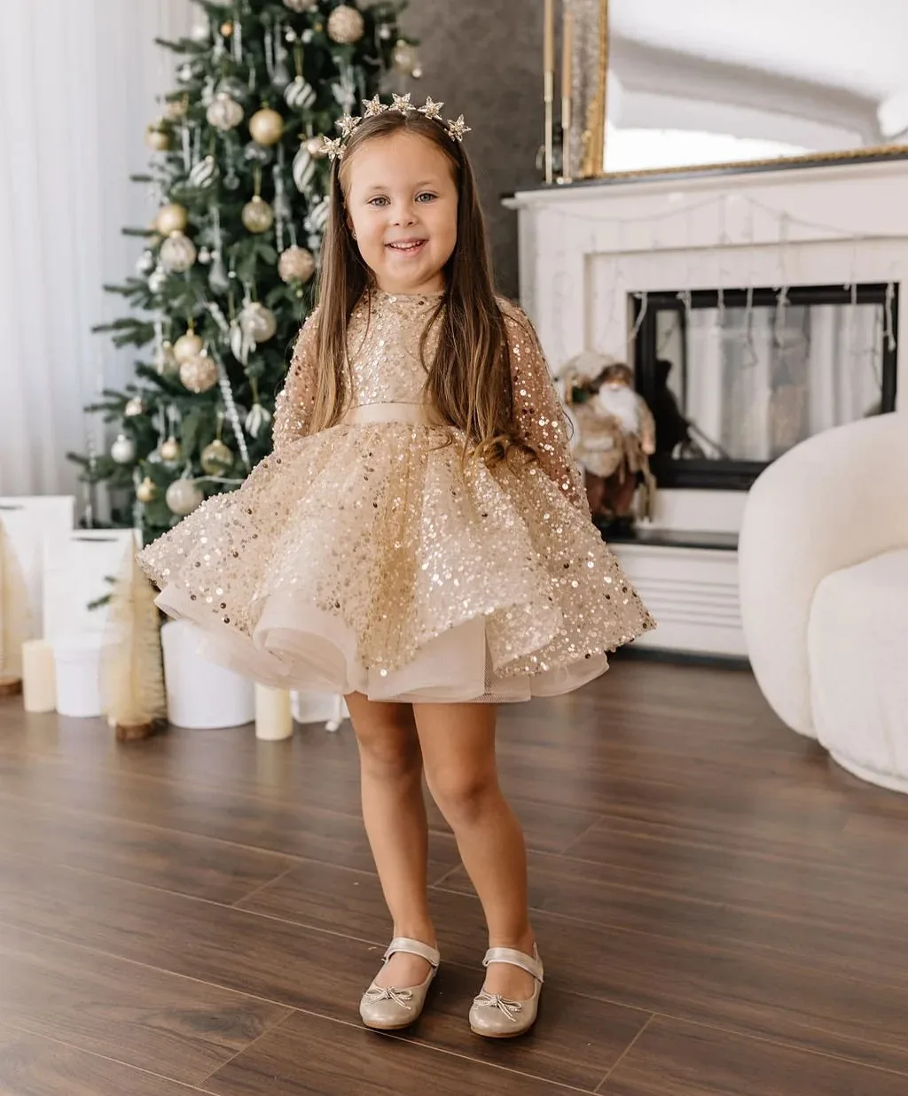 Vestido champanhe personalizado para meninas, lantejoulas brilhantes na altura do joelho, bola de primeira comunhão, cerimônia de aniversário, formatura, festa de casamento