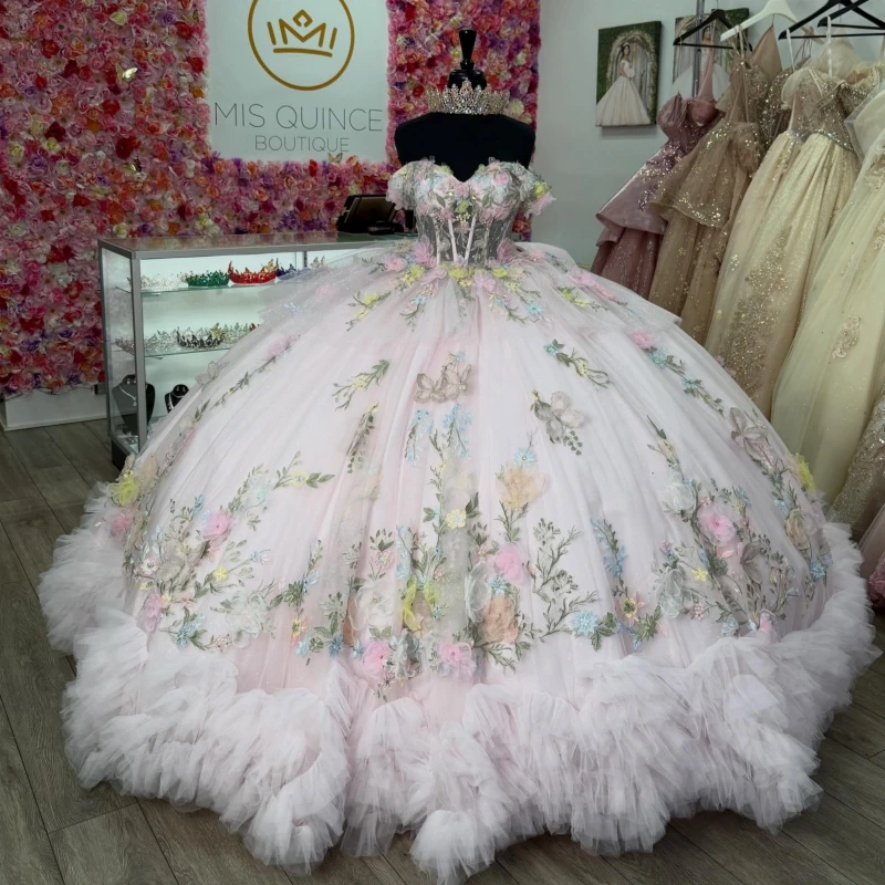 

Light Pink Ball Gown Quinceanera Dresses Applique Flower Bow Tull Corset Off The Shoulder Sweet 16 Dress vestidos 15 De anos