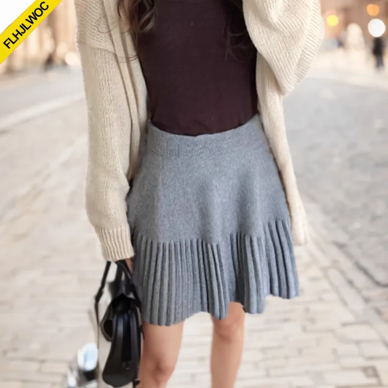 

Autumn Winter Knit Sweater Skirts Women Preppy Style Japan Girls Cute Sweet A Line Skirt Elastic Waist High Pleated Mini Skirt