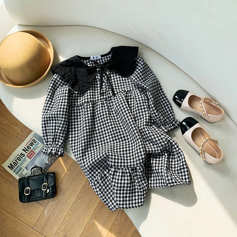 New Spring Girls Turn-down Collar Plaid Dress Children\'s Clothing Kids Cotton Long Style Princess Dress Baby Girls Clothes