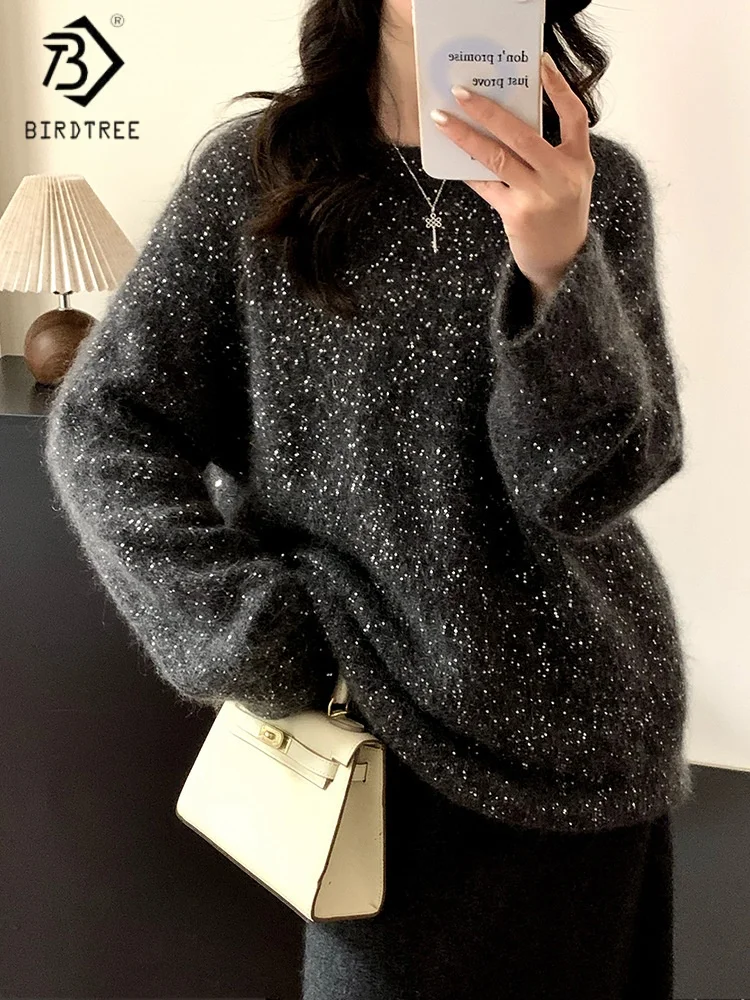 

Birdtree,69.7% Mohair Sequin Knitted Sweater,Woman O-neck Full Sleeve Loose Knitwear,2025 Autumn Winter Grey Pullover T59920JF