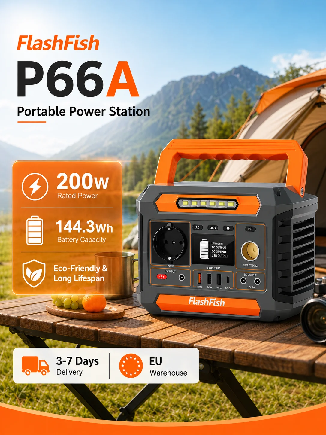 Tragbare Powerstation FlashFish P66A 200W 144,3Wh Mini-Solargenerator Tragbares Energiepaket für Notstromversorgung zu Hause, Camping, Wandern, Outdoor-Reisen