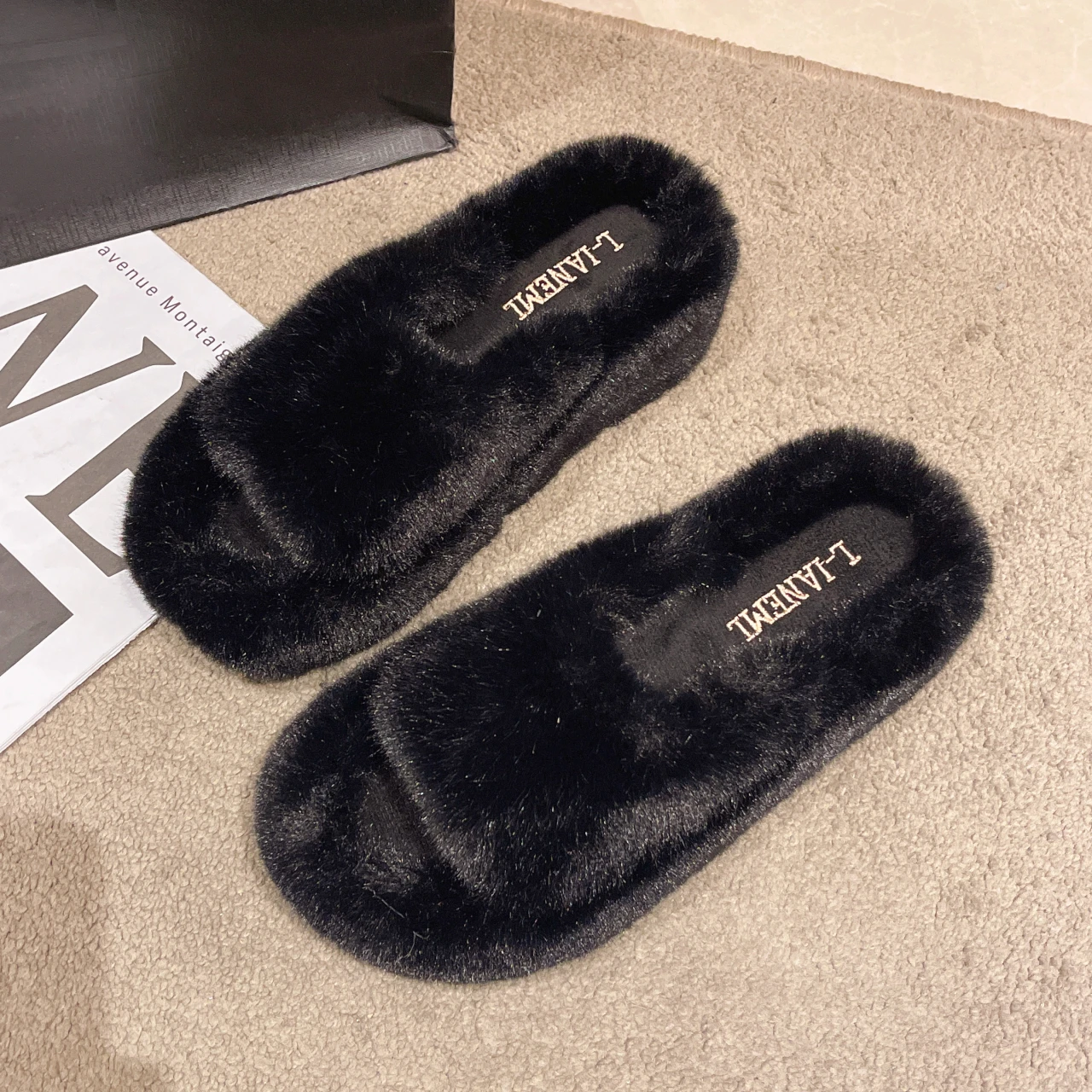 Winter Fur Women Slippers 2022 Plush Fluffy Home Slippers Women Cozy Soft Warm Furry Indoor House Shoes Platform Flip Flops