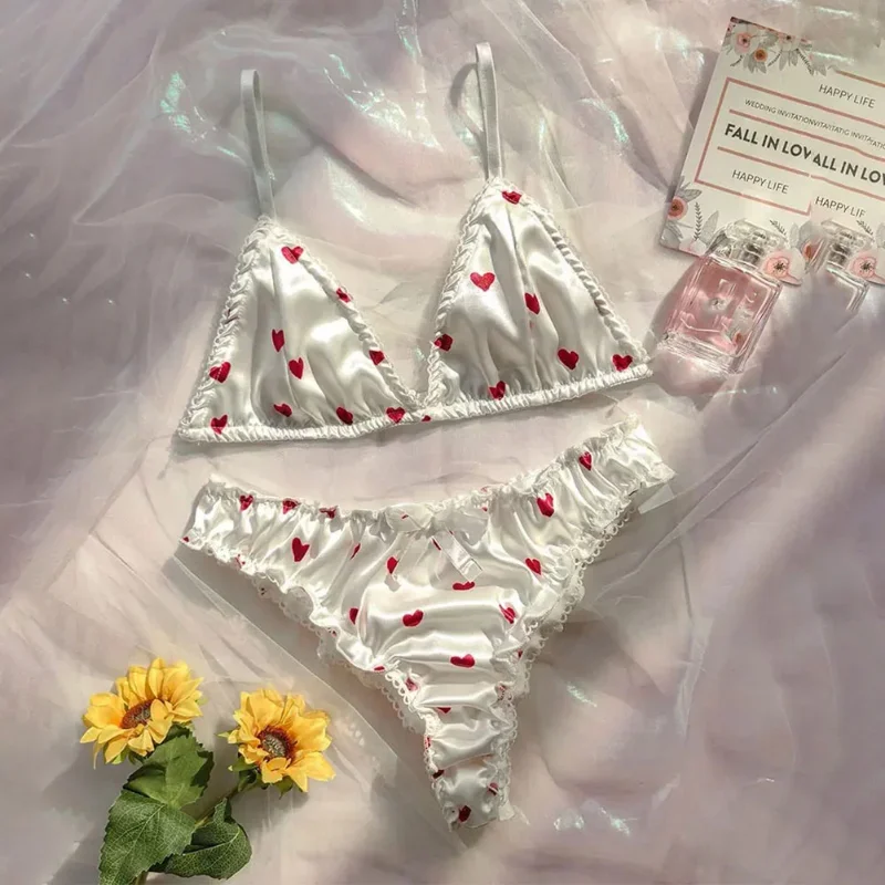 

Set Strap Smooth Shape Bra Satin Nightwear Heart Love Knickers Sexy Panties Set Cute Pajamas Bikini Lingerie Silky Soft Soft