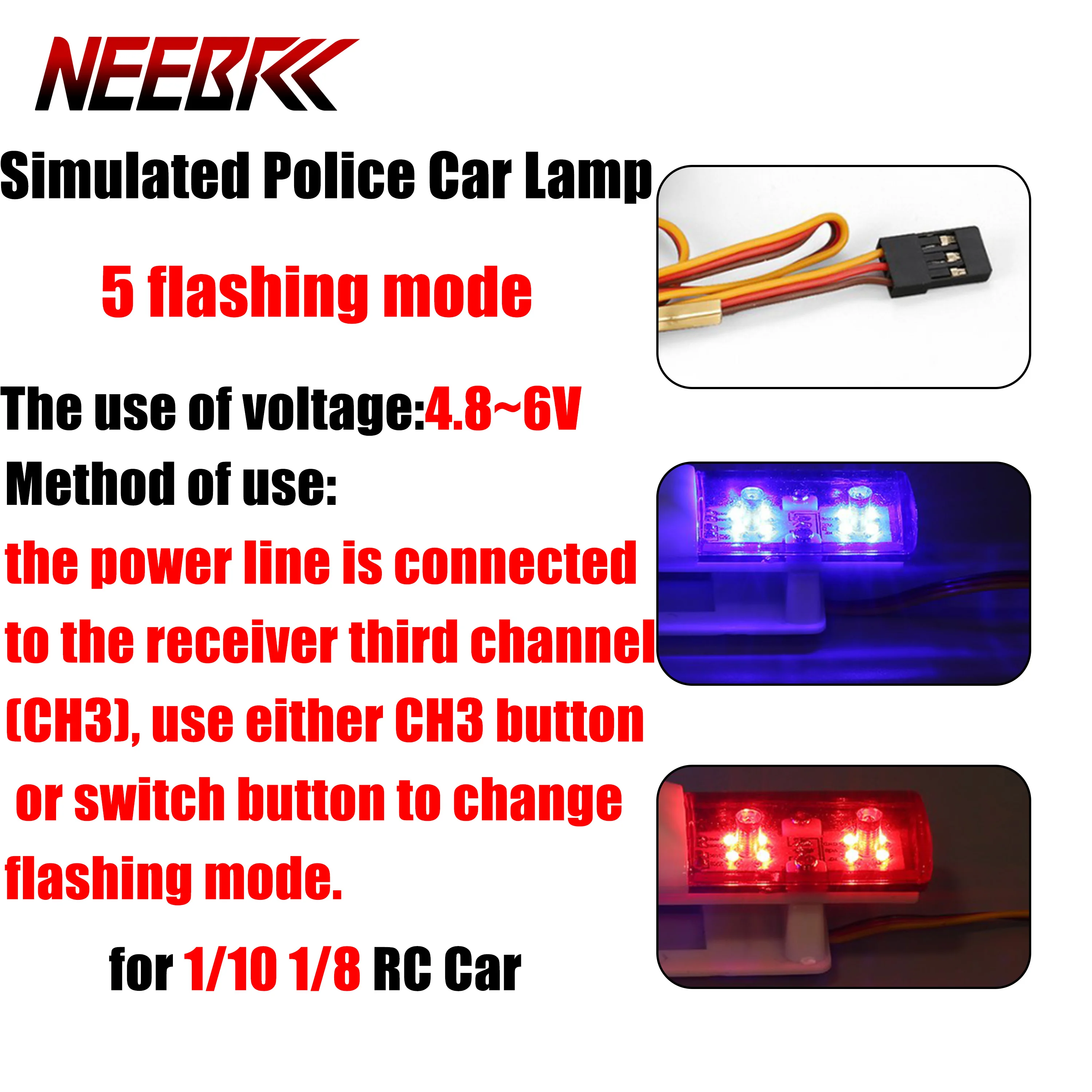 RC Simulated Police Car LED Lamp Flash Light Alarming Ultra Bright for 1/10 1/8 Model Traxxas CC01 4WD Axial SCX10 Tamiya Toy