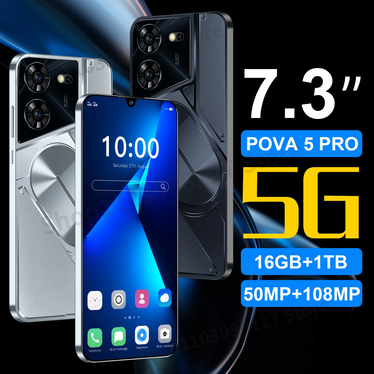 

Pova5 Pro Global Version Smartphone 5G 7.3 Inch 16GB+1TB Android 13 Phone 50MP Cam 6800mAh Battery CellPhone 10 Mobiele смартфон