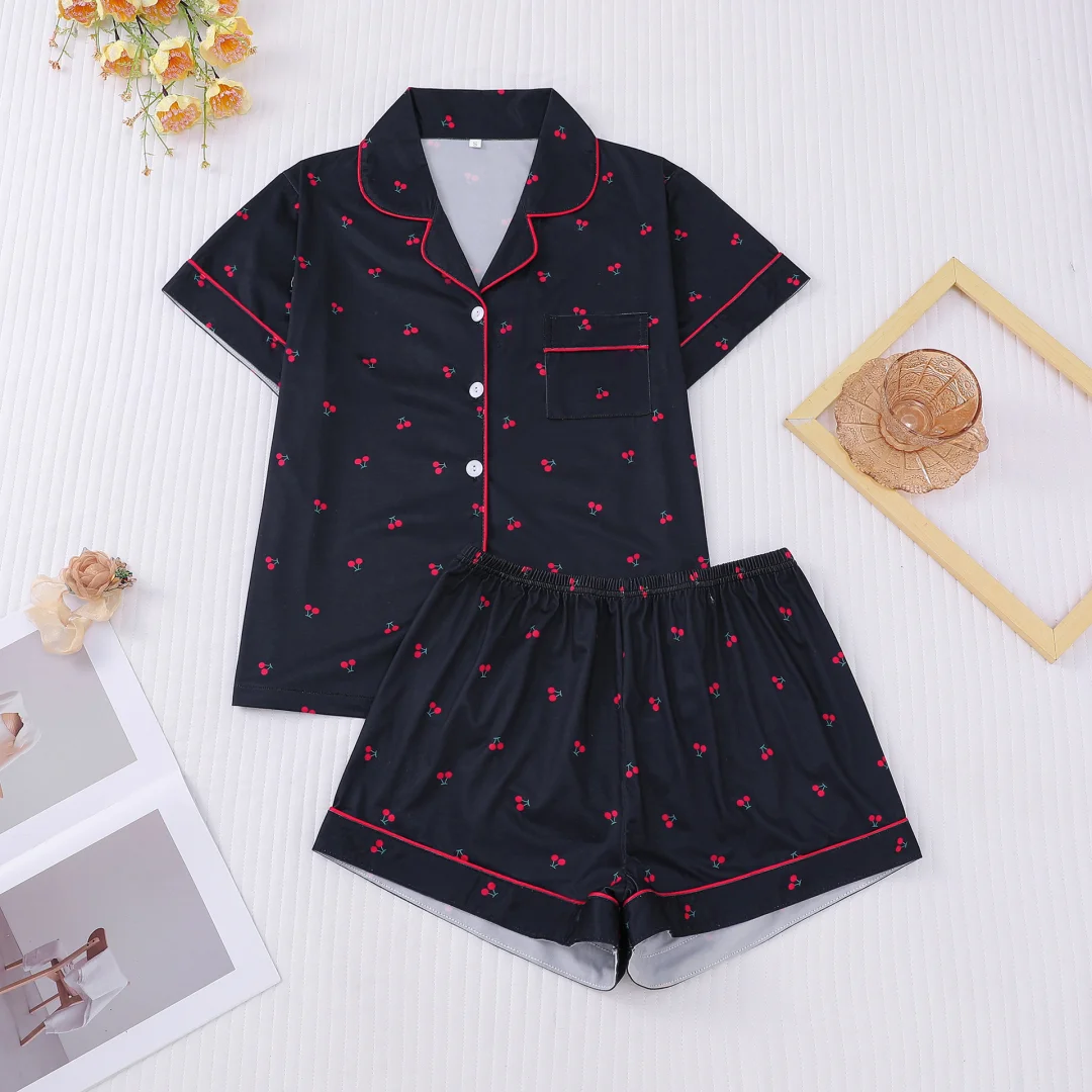 

Women's Pajama with Cherry Print Black Lapel Short Sleeve Shorts Loungewear Home Wear Set Clothes