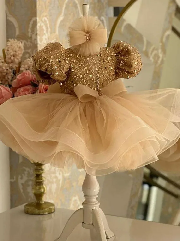 

Sequin Shining Flower Girl Dress For Wedding Champagne Tulle Puffy With Bow Kids Baby Princess Birthday Party Dress Ball Gown