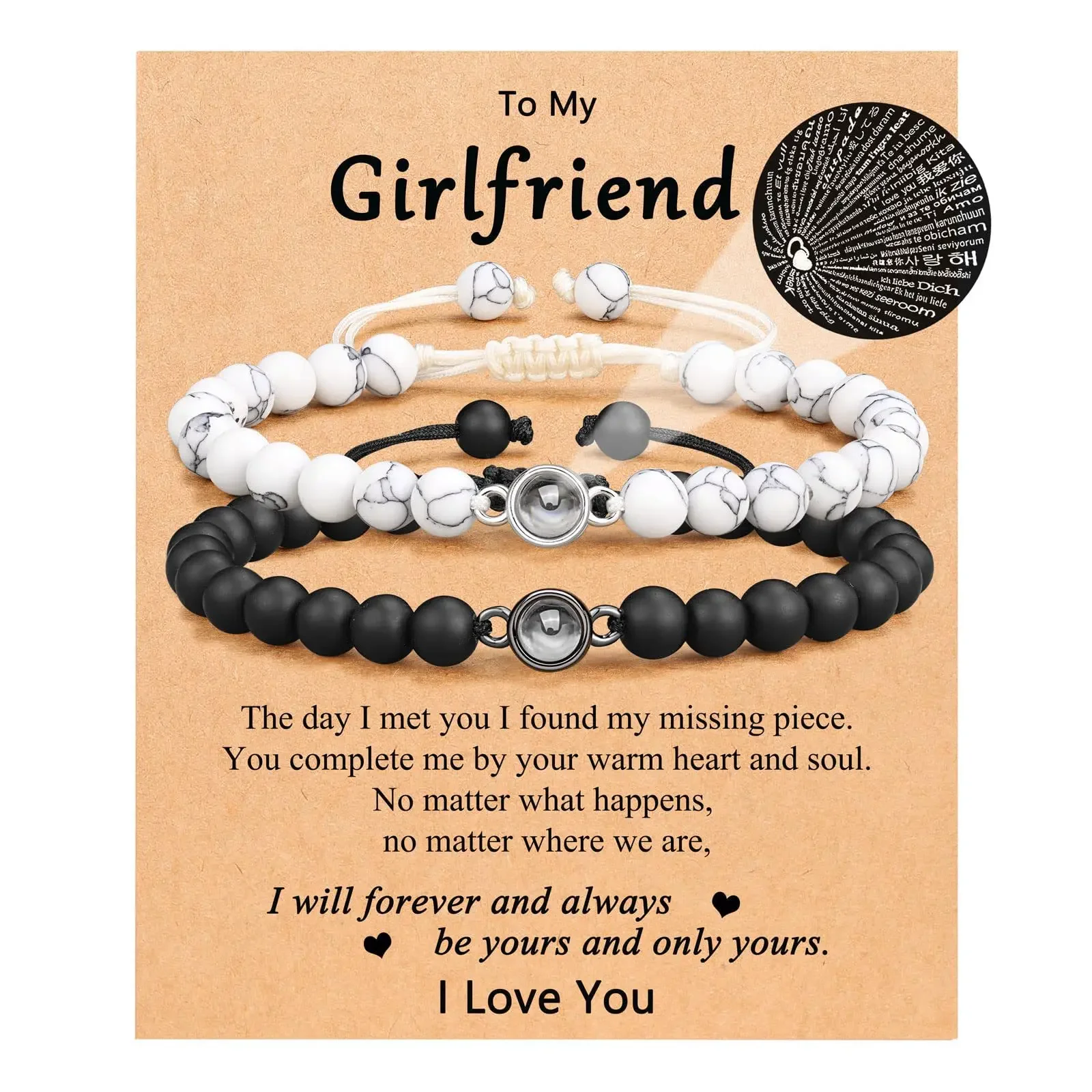 Agate Projection Stone Couple Bracelet Love 100 Languages Black and White Set 2 Personalized Bracelets with  Cards