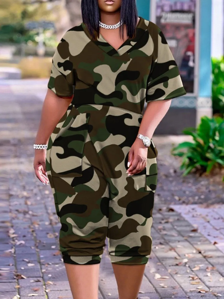 Lw Plus Size Casual Jumpsuit Camo Print Pocket Design Jumpsuit Korte Mouw Losse Wijde Pijpen Rompertjes Zomer Jumpsuit Overalls Outf