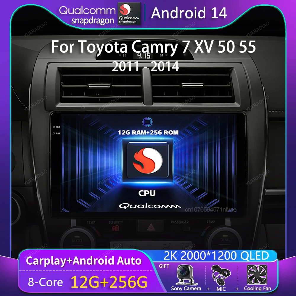 

Автомагнитола Carplay для Toyota Camry 7 XV 50 55 2012-2017, мультимедийный видеоплеер с GPS-навигацией, Wi-Fi и 4G, Android 14