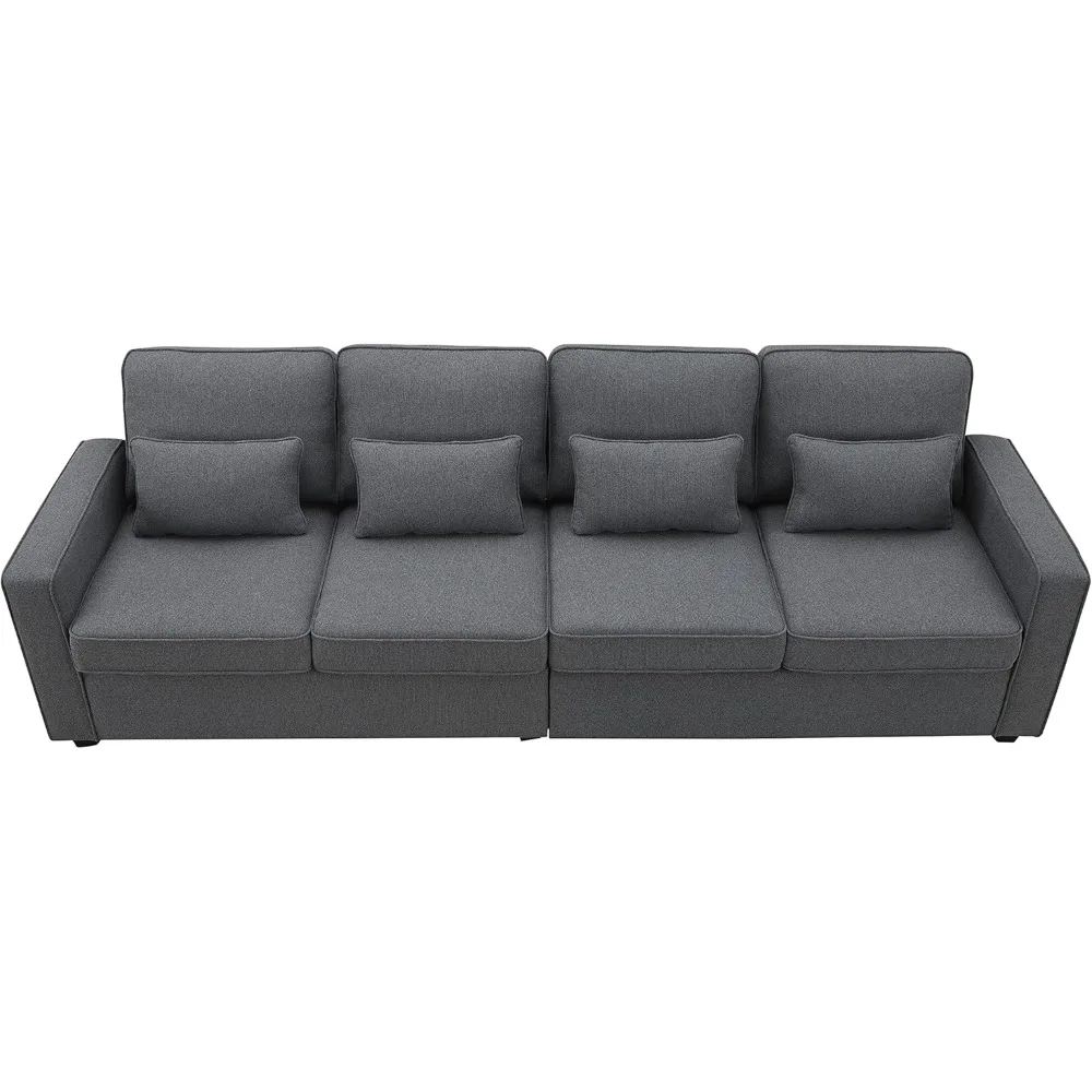 Contemporary 4-Person Linen Sofa with Plastic Legs, Including Armrest Pockets and 4 Cushions, Minimalist Design