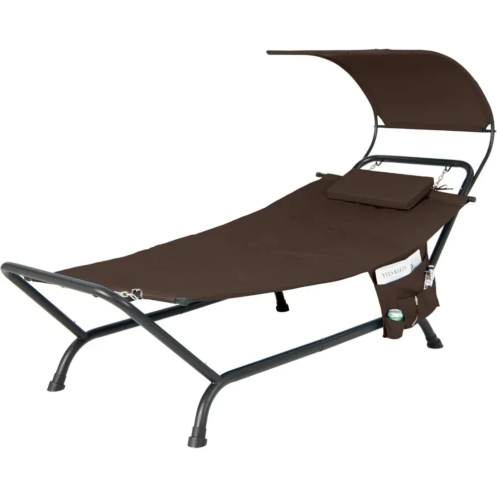 Hanging Hammock with Stand, Patio Hanging Chaise Lounge Chair w/Canopy, Cushion, Pillow & Storage Bag, Heavy Duty Swing Hammock