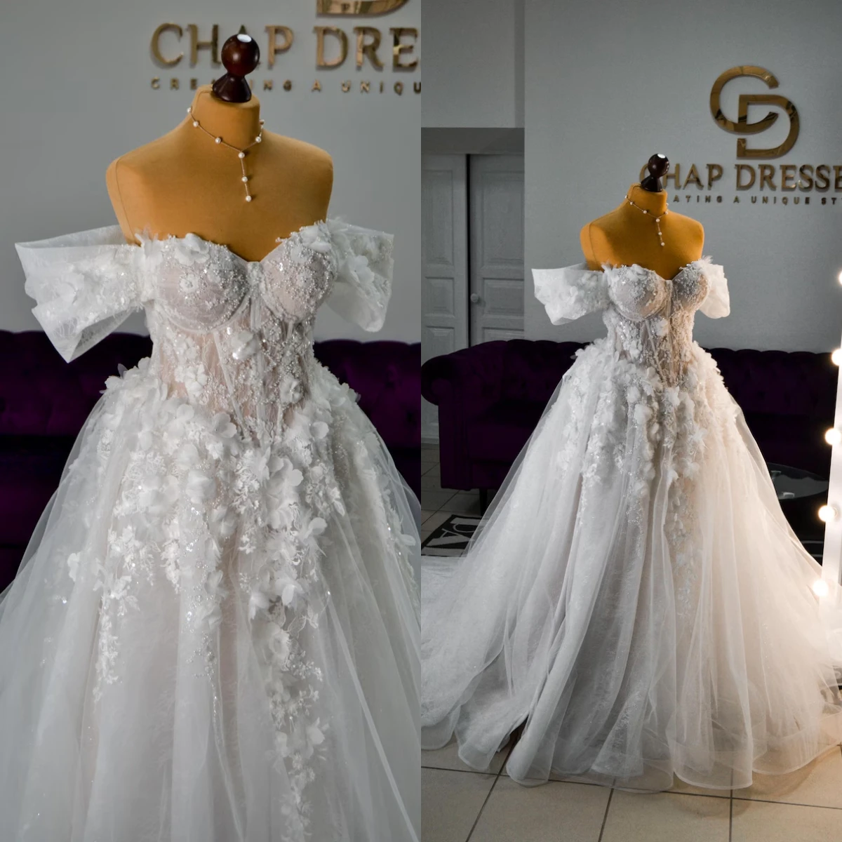 

Luxurious A-Line 3D Flower Bead Chiffon Wedding Dress Sexy Off Shoulder Sweetheart Collar Long Trailing Bridal Gown Customized