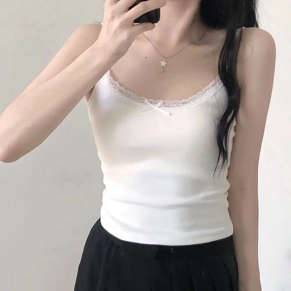Simple Lace Trim Strappy Tank Tops Cotton Bow Short Vest Sensually Innocent Look Camisole Girls Women
