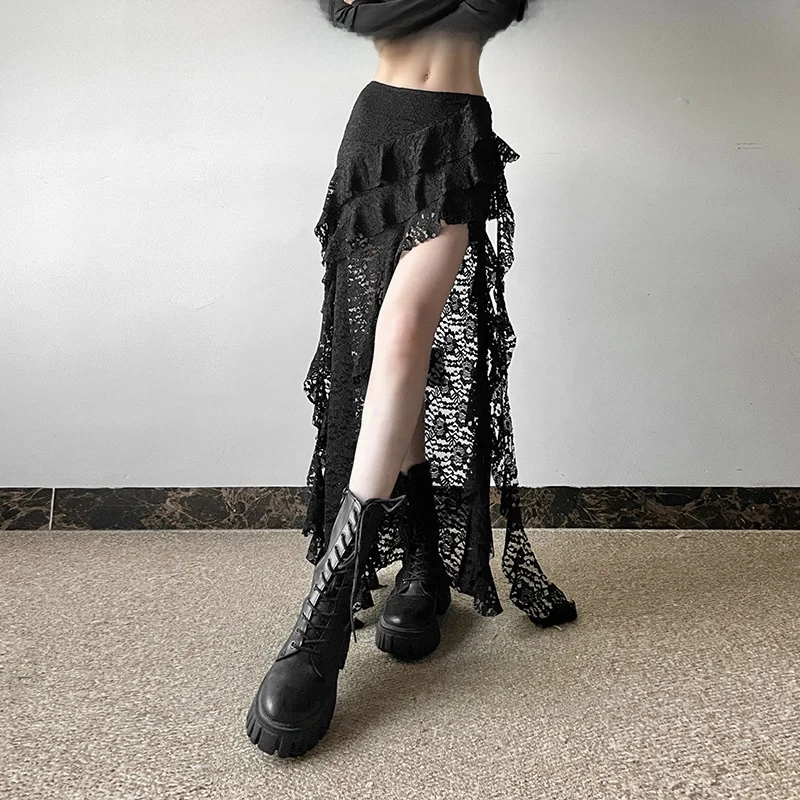 

Sexy Lace Patchwork Slim Fit Dr Unique Design Bla Lace Wave Autumn Faion European Sle mid Waist Polyester Batwing pe