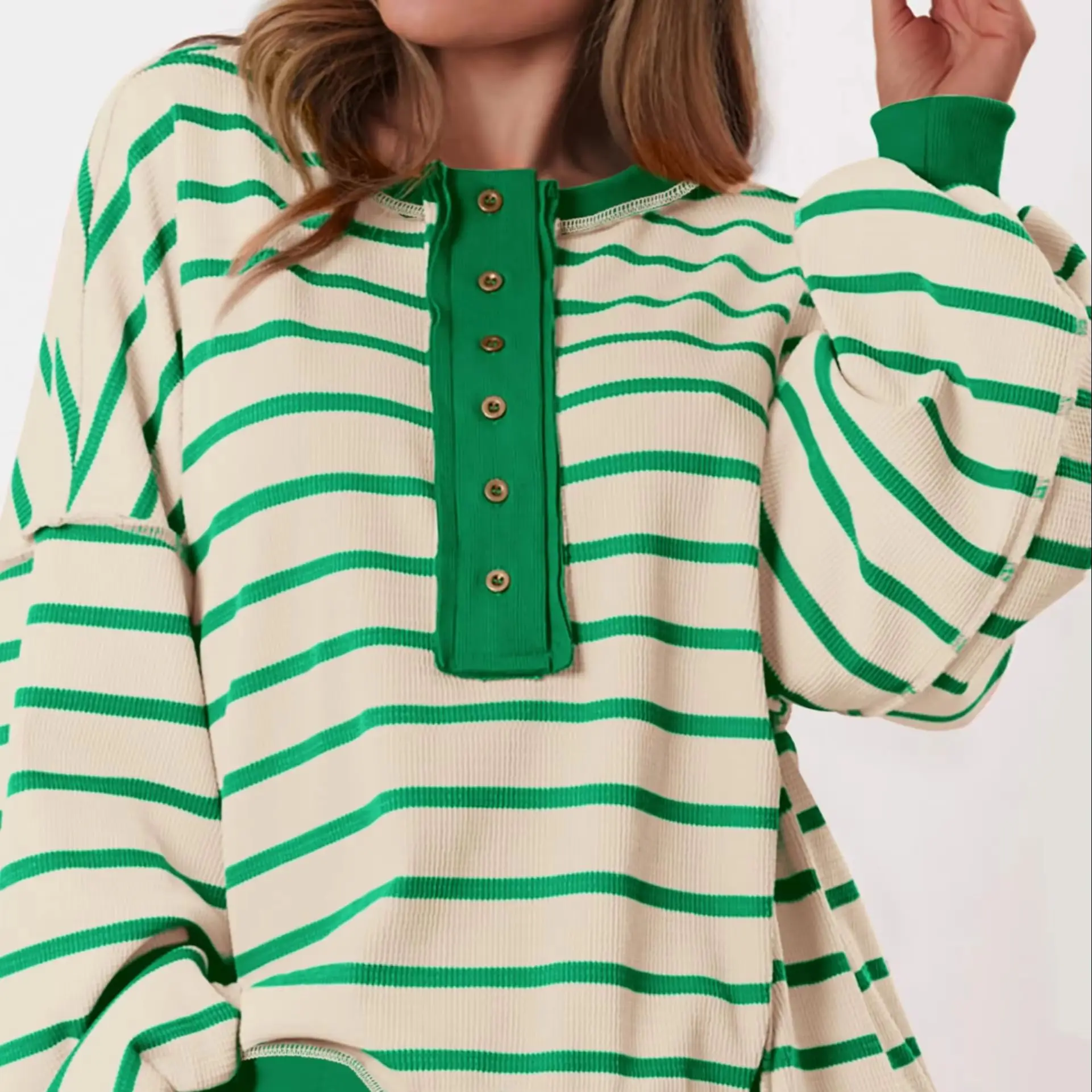 Oversized Striped Waffle Knit Henley Top Half Button Placket Multi‑color Loose Spring Autumn Casual Daily Wear for Women