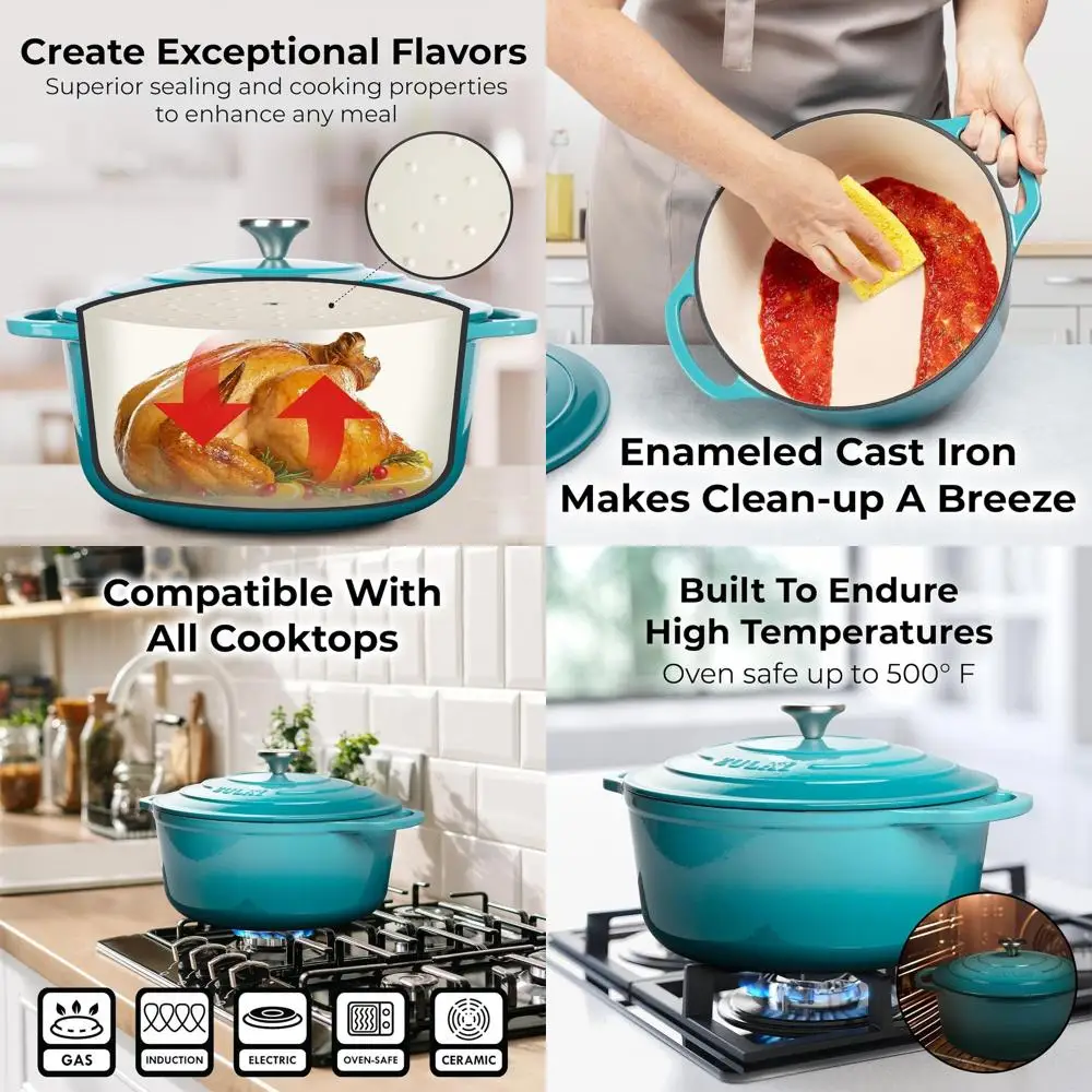 

Эмалированная чугунная голландская духовка — 6 литров, безопасная в духовке до 500 ° F, идеально подходит для выпечки хлеба, раковины, бризки, обжарки - голубой