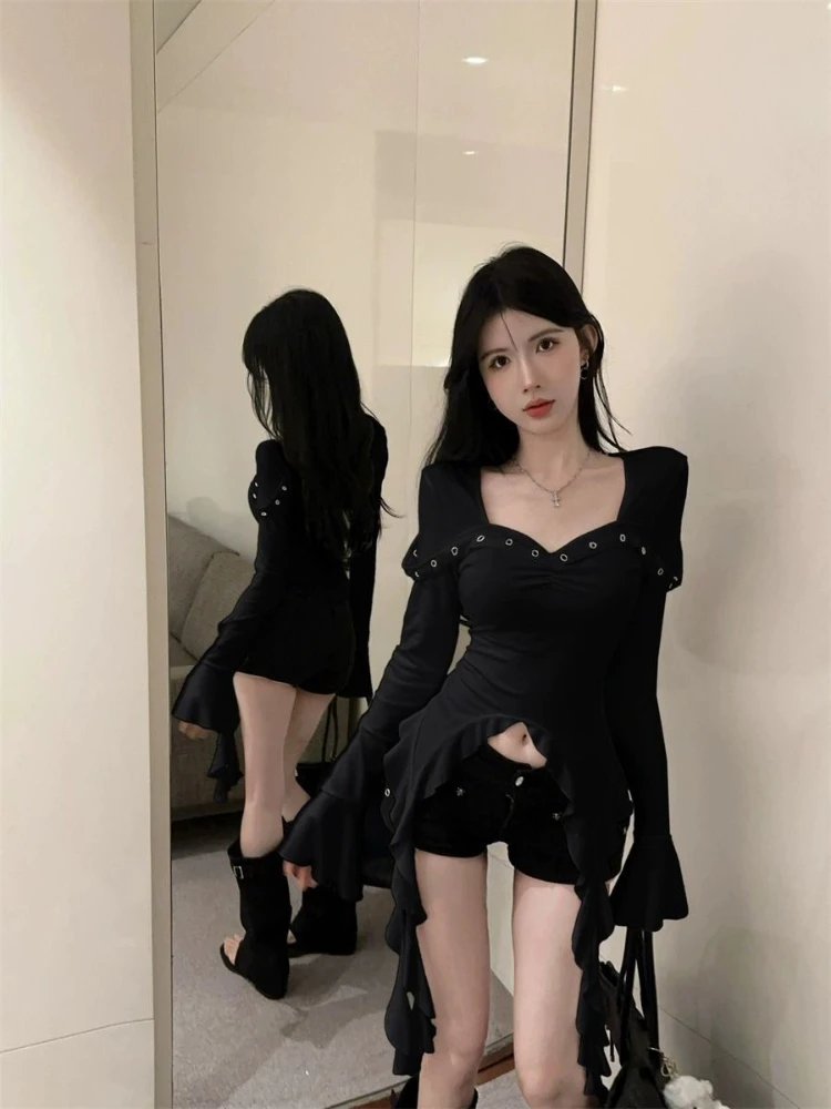 

Square Neck Irregular Ruffle French Temperament Sexy Girl Slim Fit Long Sleeve T Shirt Top Women