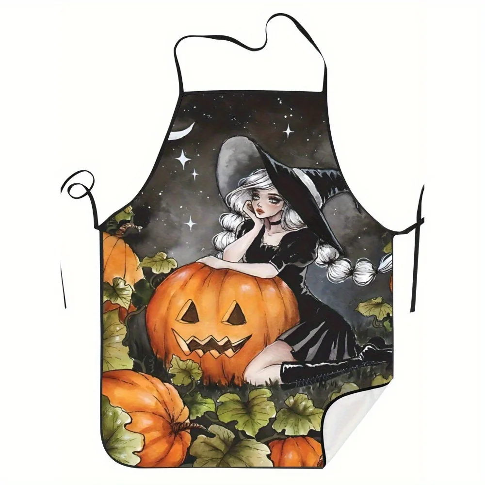 Halloween Witch Cooking Apron - Black with White Ruffled Sleeves, Stars & Pumpkins Design, Polyester
