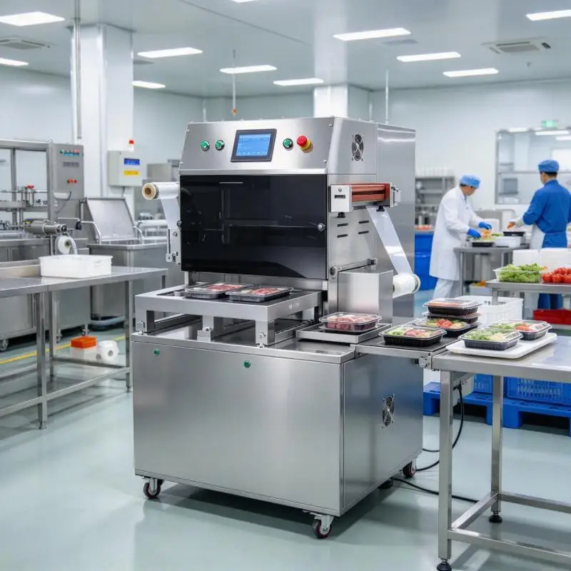 Industrial Food Packaging Machine MAP Modified Atmosphere Gas Flush Automatic Tray Sealing Equipment