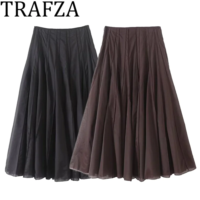 

TRAFZA Двухслойная тюлевая юбка со складками 2025 Женская базовая коричнево-черная длинная юбка трапециевидной формы Женская летняя модная повседневная женская юбка-миди
