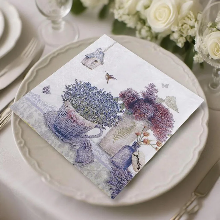 20Pcs Vintage Lavender Floral Disposable Paper Napkins Bird House Pattern Tissue Wedding Bridal Shower Home Table Decor