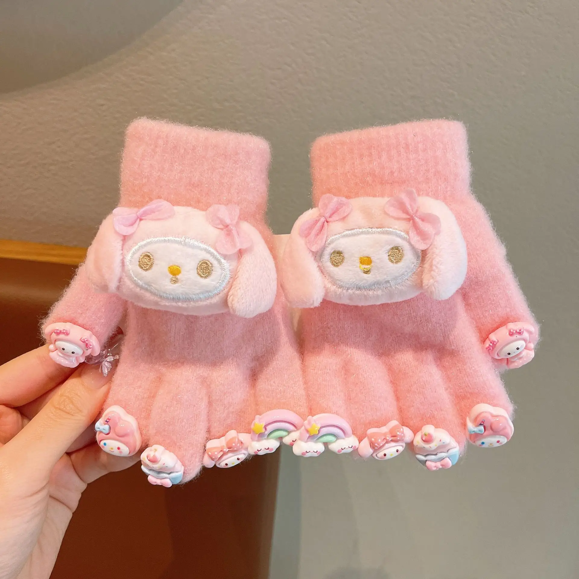 Sanrio luvas infantis meninas outono e inverno novo kuromi capa de cinco dedos acolchoado quente frio luvas de dedos divididos