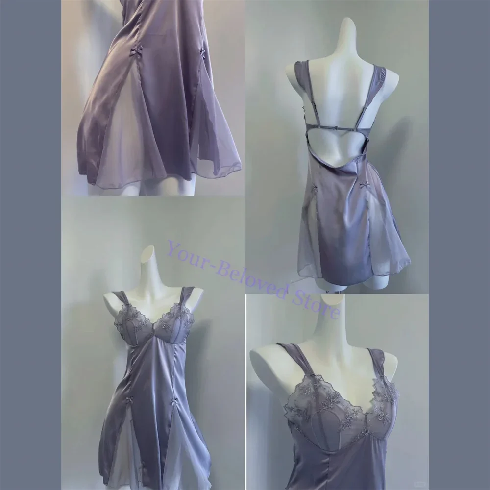 

Фиолетовая ночная рубашка, женское сексуальное кружевное нижнее белье с цветочным принтом, сорочка, одежда для сна, женская атласная домашняя рубашка, мини-ночная рубашка с рюшами на тонких бретельках