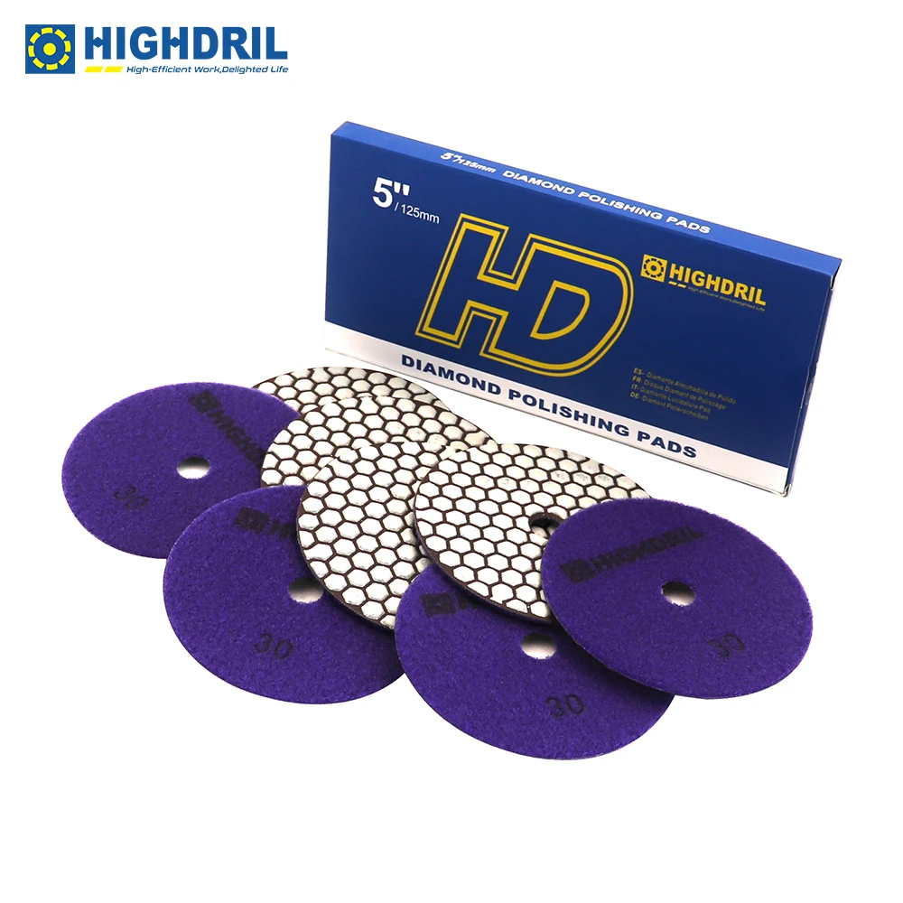 

HIGHDRIL 8pcs 125mm/5inch Diamond Dry Polishing Pads Resin Bond Flexible Sanding Discs For Granite Marble Stone Polisher Discs