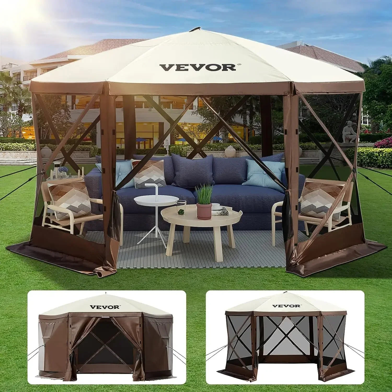 Camping Gazebo Screen Tent, 12 * 12ft, 6 Sided Pop-up Canopy Shelter Tent with Mesh Windows, Portable Carry Bag, Stakes, Large