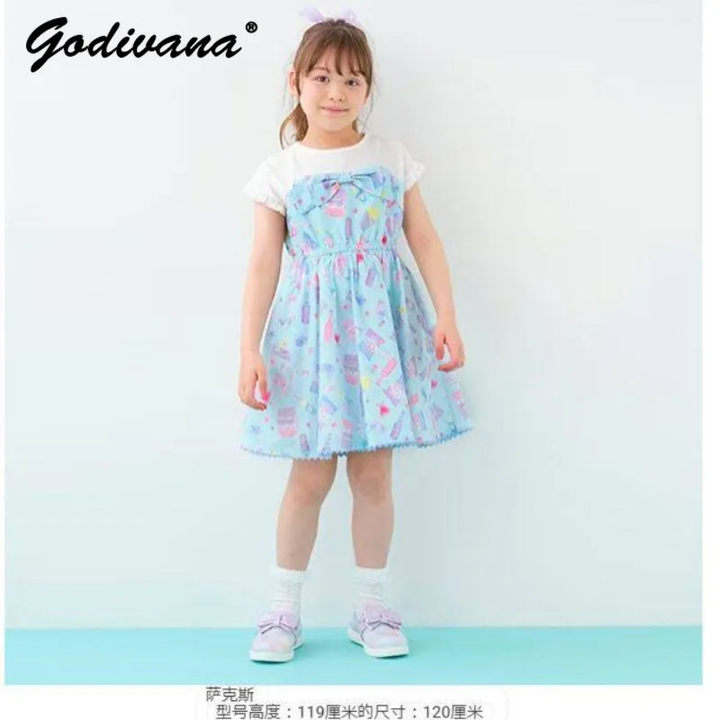 2026 New Summer Japanese Cute Girls Fake Two-piece Dress Childrens All over Print Ice Cream Bow Ruffle Short Sleeve Dresses