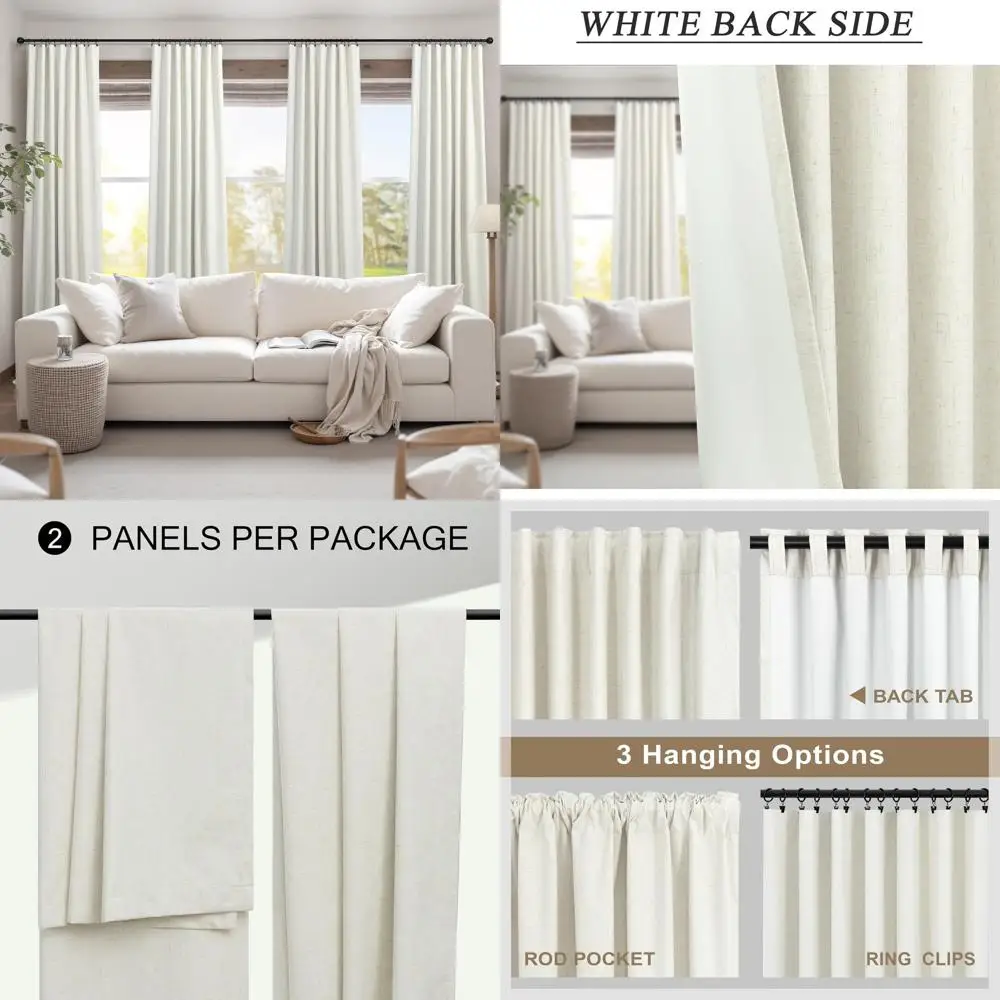 

Кремовые льняные плиссированные плотные шторы с задней крышкой, длина 92 года, комплект из 2 панелей для гостиной, энергоэффективный, затемняющий в помещении