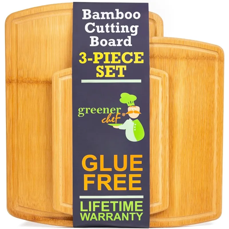 Safest No Glue Organic Bamboo Cutting Board Set of 3 – 62% More Cutting Area   Lifetime Replacements, Family-Friendly Wooden