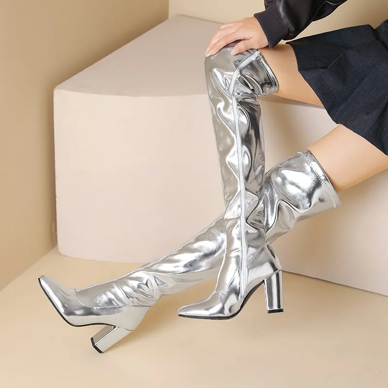 REAVE CAT Over the knee Sale Design Fashion Size US14 46  Party Female Bota Female Thigh Boots 54cm Pointed Toe Chunky Heels 9cm