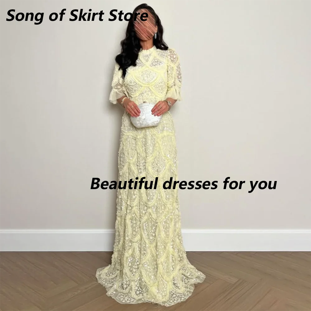 Yellow Lace Applique Luxury Evening Dress Customized High Neck Half Sleeves Sequin A Line Floor Length Women Formal Party Dress