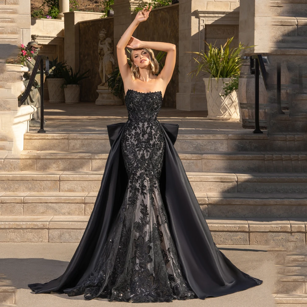فستان زفاف ساحر للنساء العروس بدون حمالات حورية البحر ذيل قابل للانفصال بدون ظهر مزين بقطار سويب فستان عروس أسود مخصص