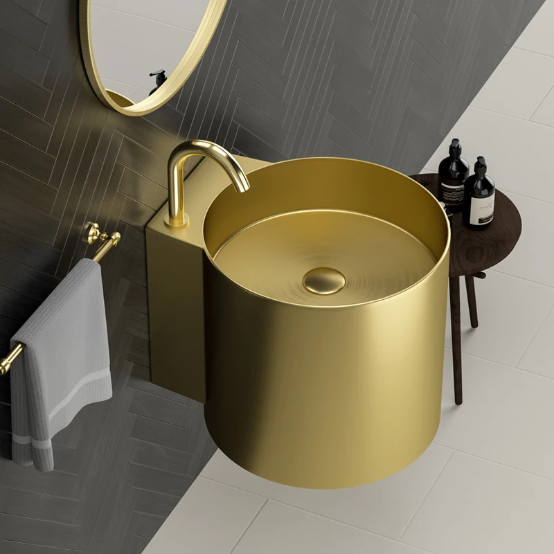 Gold stainless steel wall mounted basin, integrated washbasin with storage rack, black hotel art