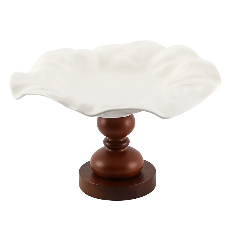 Chinese solid wood tall fruit plate ornament abstract lotus leaf ceramic dried fruit snack fruit tray refreshment plate jewelry