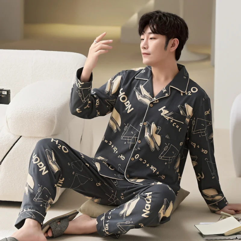 L-5XL Plus Size Faux Cotton Print Men\'s Pajamas Korean Ins Autumn Y2k Male Nightwear 2024 New Big Size Long Sleeve+pant Home Set