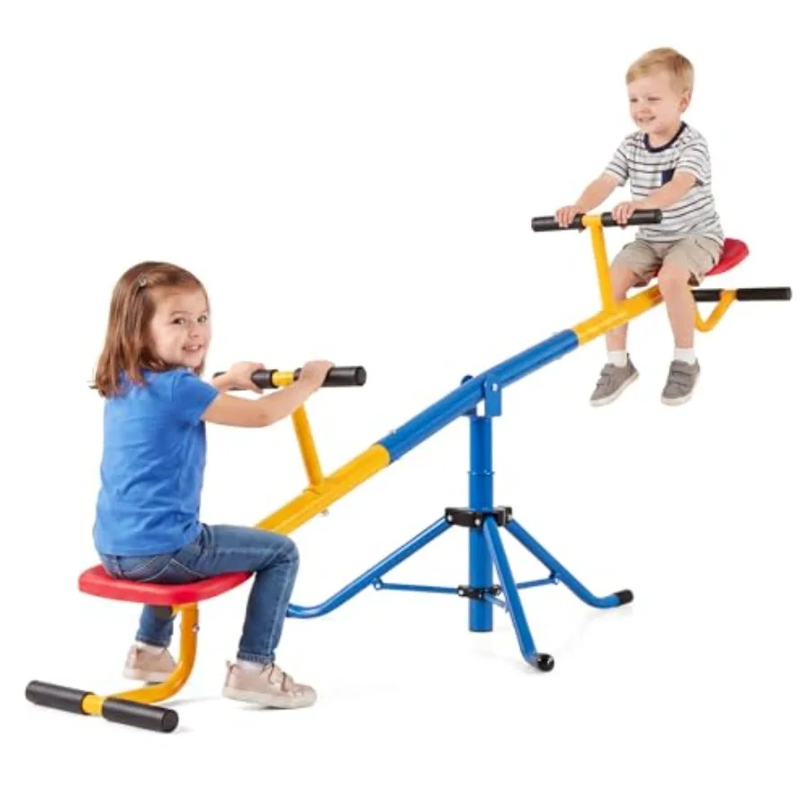 

Outdoor teeter totter seesaw for kids, powder-coated steel, red and blue, 360-degree rotation, indoor-outdoor preschool swivel