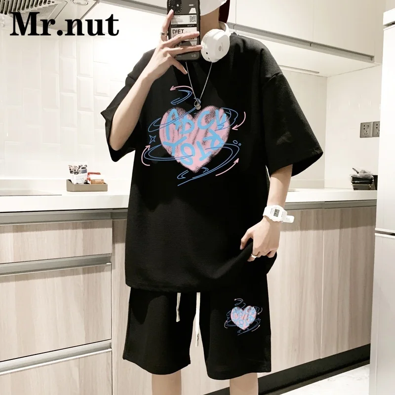 

Mr.nut Men Loose T-shirt Two Piece Set Casual Stylish Clothes Women Fashion Short Sleeved Shorts Couple Suit Youth Sportswear