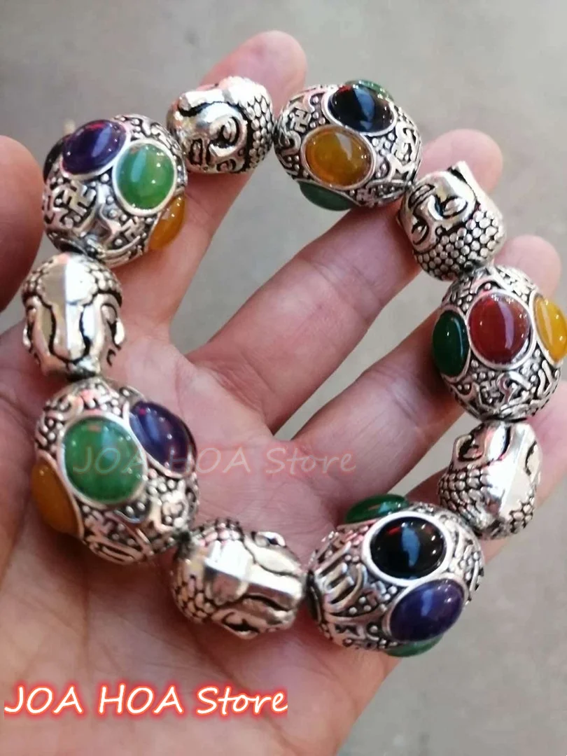 Silver Inlay Old-Jade Bracelet Colorful Jade Hand Row Bangle Jade-Beads Hand-carved Guardian Amulet Handring Fine Jewelry